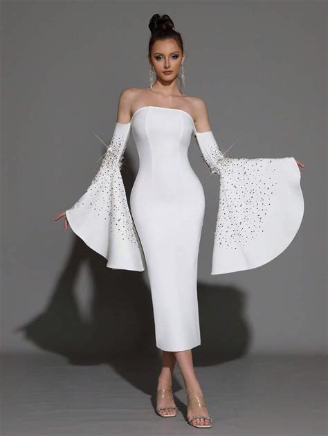 New Style White Flare Sleeve Off-Shoulder Sexy Bodycon Long Bandage ...
