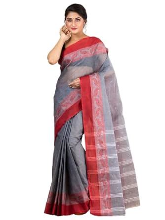 Buy Laa Calcutta Grey & Maroon Traditional Taant Saree Of Bengal Cotton ...