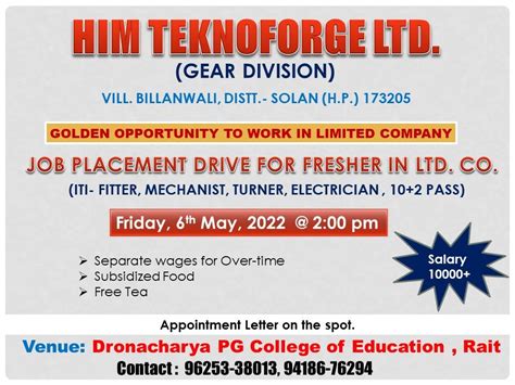 Job Placement Drive for ITI and 10+2 pass Freshers by HIM TEKNOFORGE ...