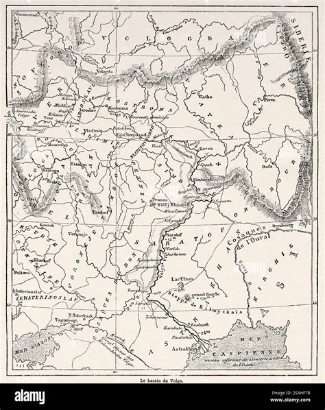 Old map of the Volga River basin. Russia, drawing by Moynet, from The ...