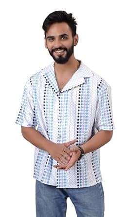 VILLAIN Men Blue Cotton Blend Printed Spread Collar Half Sleeves ...