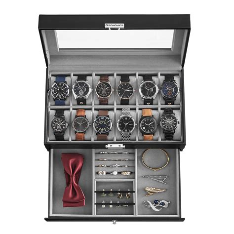 Songmics Leather 12 Mens Watch Box with Jewelry Display Drawer Lockable ...