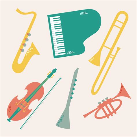 Vector set of musical jazz instruments drawn in cartoon flat style ...