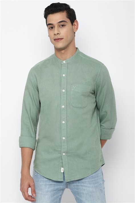 Buy American Eagle Men Green Band Collar Linen Shirt Online