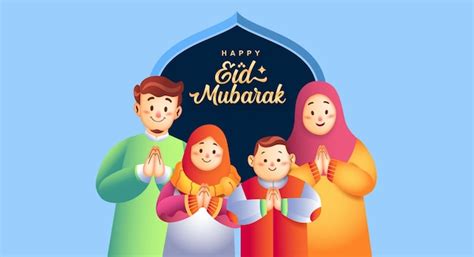 Happy eid mubarak and happy muslim family. | Premium Vector