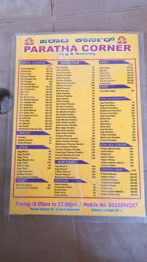Menu at Paratha Corner, Bengaluru, SG layout