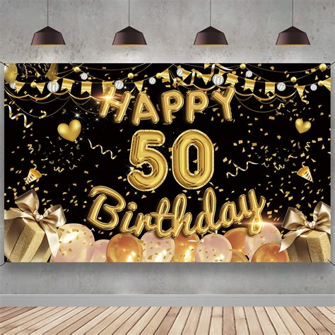 Happy 50th Birthday Banner Backdrop Black Gold 50th Birthday ...