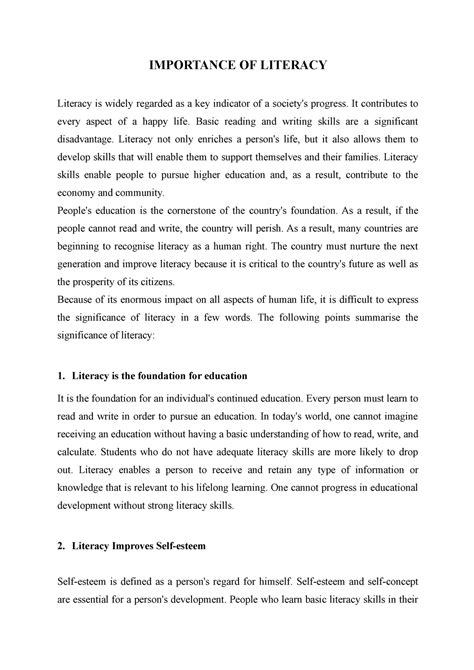 Importance OF Literacy - IMPORTANCE OF LITERACY Literacy is widely ...