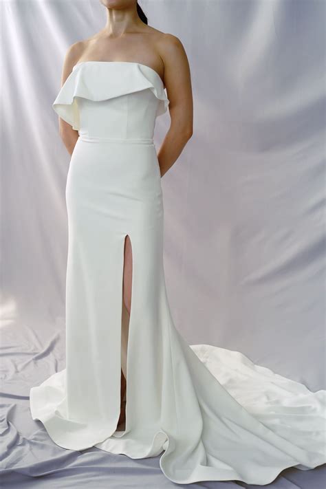 Olivia Frilly Straight Strapless Crepe Column Minimal Wedding Dress with Slit | Bone and Grey ...