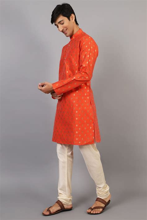 Buy Wintage Men's Banarasi Art Silk Cotton Orange Kurta Pajama