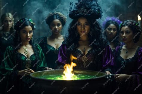 Premium AI Image | A group of witches gather around a bubbling cauldron