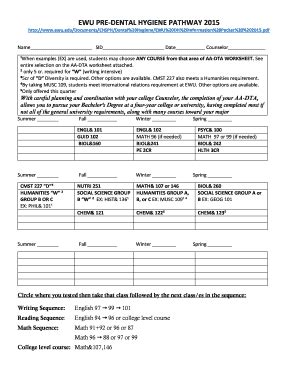 Fillable Online scc spokane EWU PRE-DENTAL HYGIENE PATHWAY 2015 ...