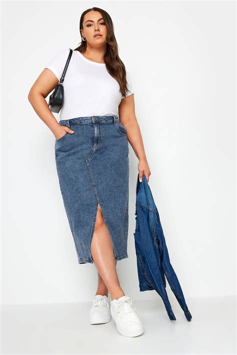 YOURS Plus Size Blue Midi Stretch Denim Skirt | Yours Clothing