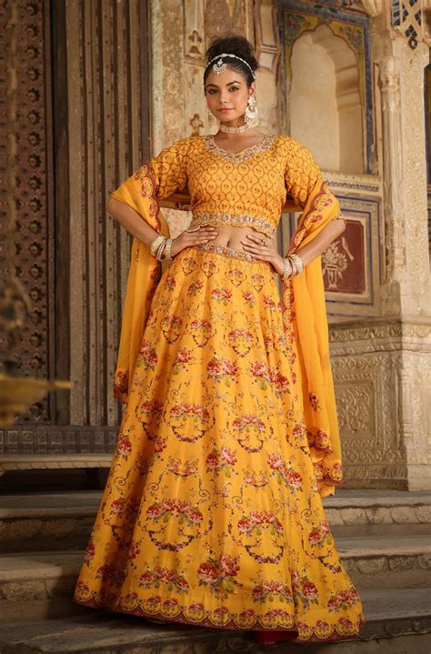 Shop Mustard Raw Silk Floral Embroidered Lehenga Set- Perfect for ...
