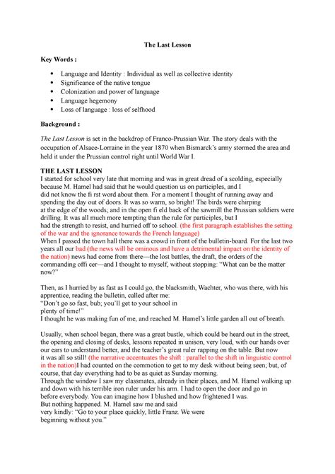 The Last Lesson - The story deals with the occupation of Alsace ...