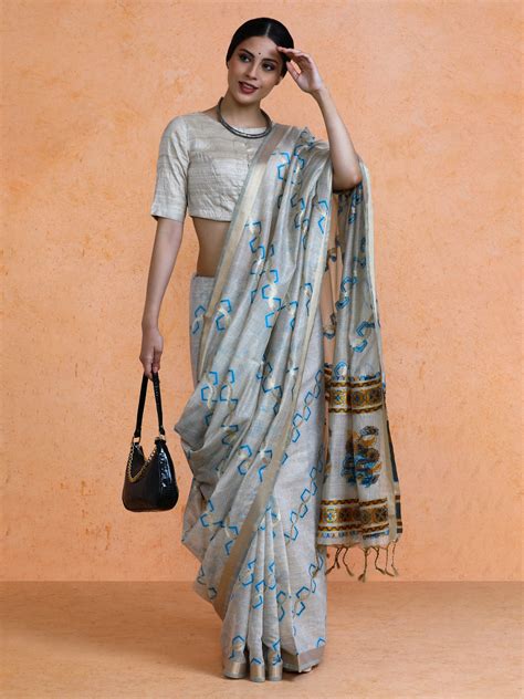 Devina Cotton in Beige with Sky Blue Motifs – Sarha
