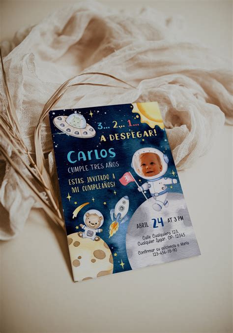 Astronaut Boy Birthday Party Invitation With Photo in Spanish, Space ...