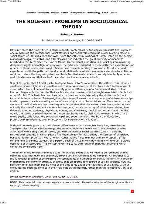 The Role Set Problems In Sociological Theory | PDF