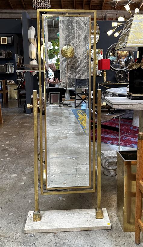 Mid Century Italian Travertine And Brass Floor Mirror 1980s