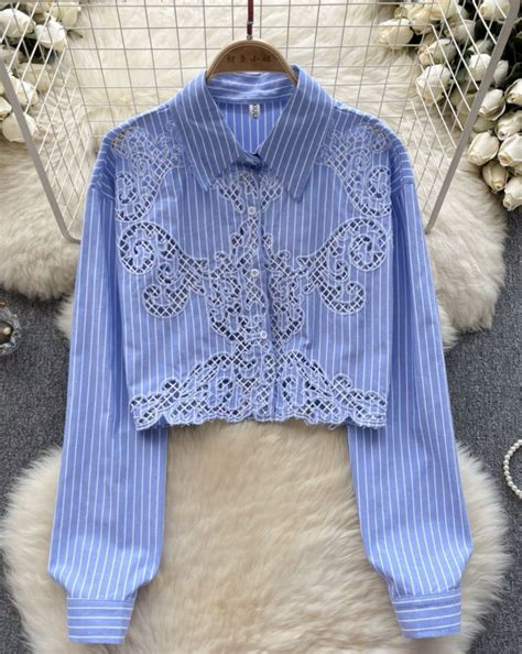 Flantis Striped Lacework Crop Shirt || Westery Fashion House