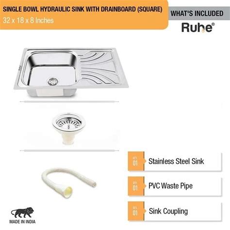 Ruhe Single Bowl with Drainboard Kitchen Sink (32 x 18 x 8 Inches ...