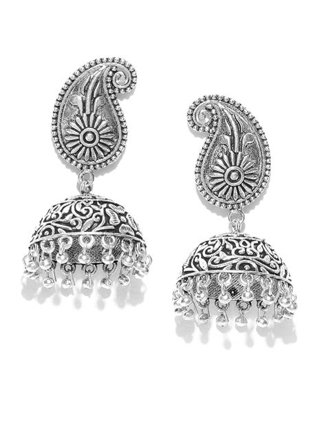 Buy Infuzze Oxidised Silver-Toned Paisley Shaped Jhumkas Online