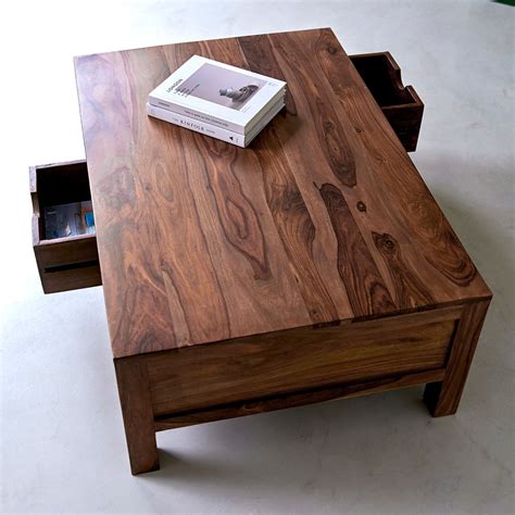Solid Sheesham Wood Coffee Table with 6 Drawers in Natural Finish – Buy ...