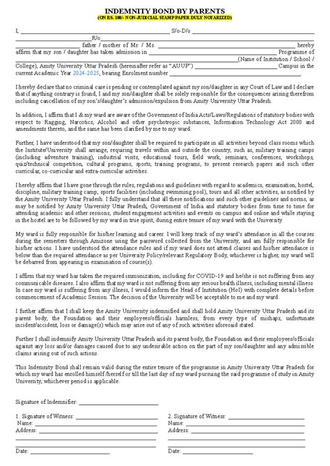 Indemnity Bond for Parents - Academic Year 2024-2025 - Studocu
