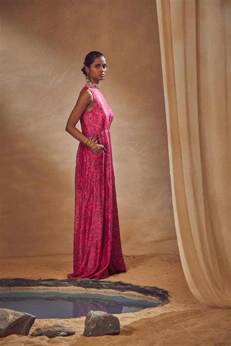 Buy Fuchsia Collared Pleated Jumpsuit | Drishti & Zahabia