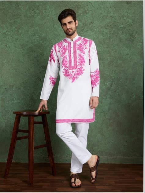 White Pink Designer Viscose Kurta Set for Men – Digital Print Work wit