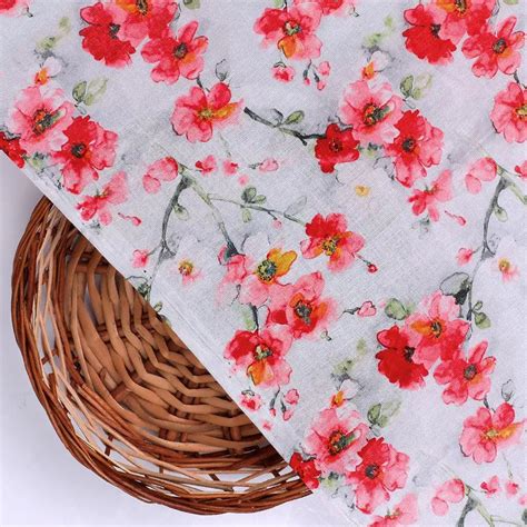 Buy Digital Printed Pure Cotton Fabric - White Floral - Unstitched ...