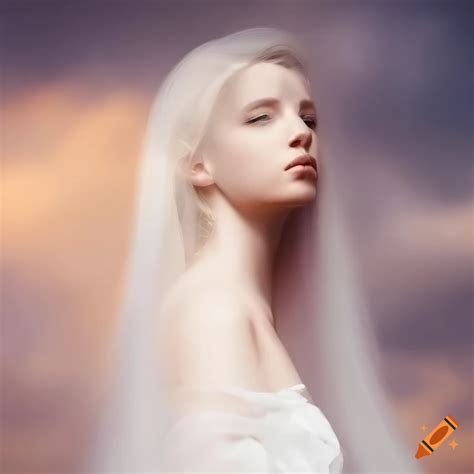 Beautiful woman surrounded by clouds with pale skin and flowing pale ...