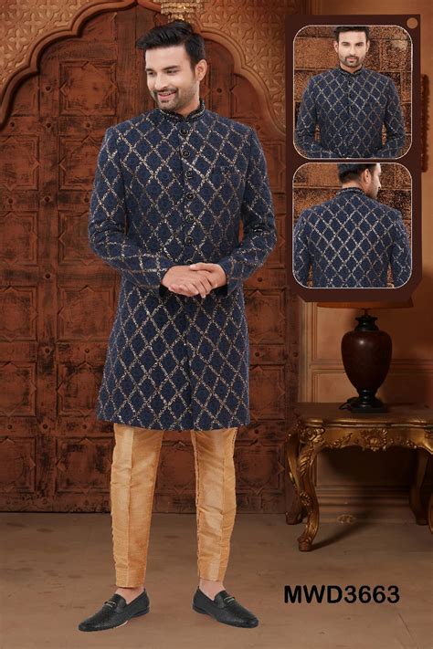 Blue Readymade Art Silk Sherwani With Zari Embroidery