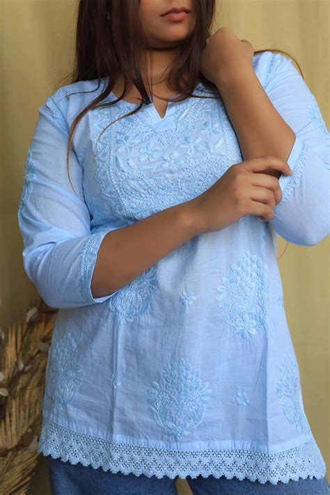 Cotton Chikankari Short kurta with lace detailing - Pastel blue – AABDAAR