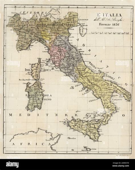 Map of Italy in 1836. Showing the kingdoms of Sardinia, Lombardy, Venice, Rome, Tuscany, Parma ...