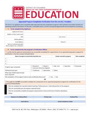 DC OSSE Approved Program Completion Verification Form For Non-D.C ...