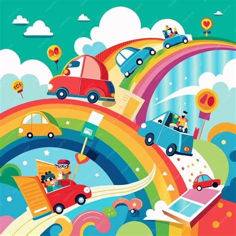 Premium Vector | A colorful cartoon illustration of cars driving over a rainbow