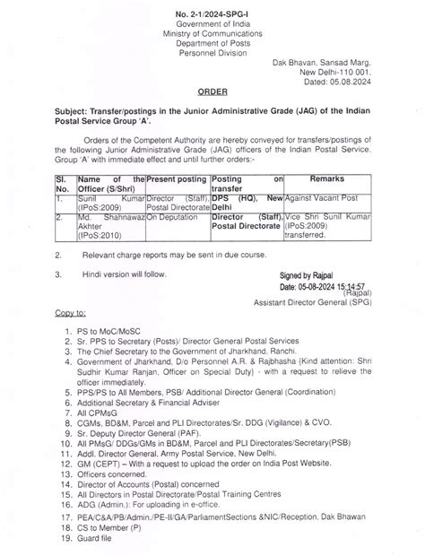 Transfer/postings in the Junior Administrative Grade (JAG) of the ...