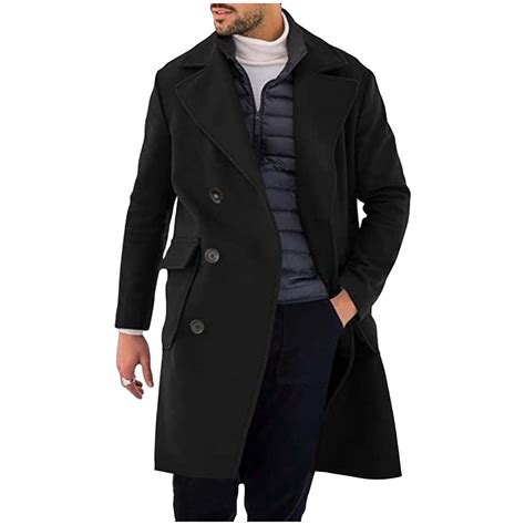 Men's Classic Trench Coat Double Breasted Notched Collar Wool Blend Pea ...