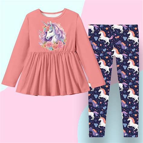Girls' 3D Graphic Cartoon Unicorn T-shirt & Pants Dress Set Clothing ...