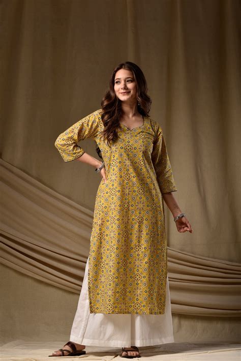 Yellow Ajrak Straight Kurta – DIMPLE DESIGN STUDIO