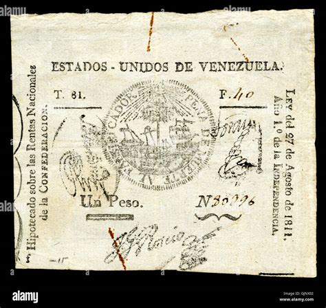 The first issue of the 1 peso currency from the United States of Venezuela, dated 1811, marking ...