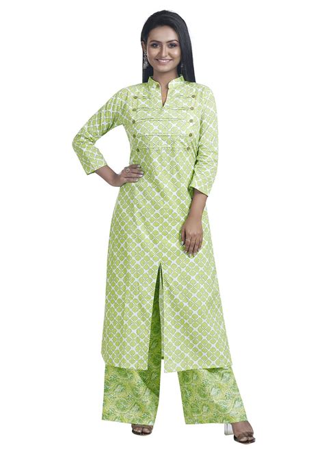 Get Lime Green Floral Printed Kurta Palazzo Set at ₹ 1599 | LBB Shop