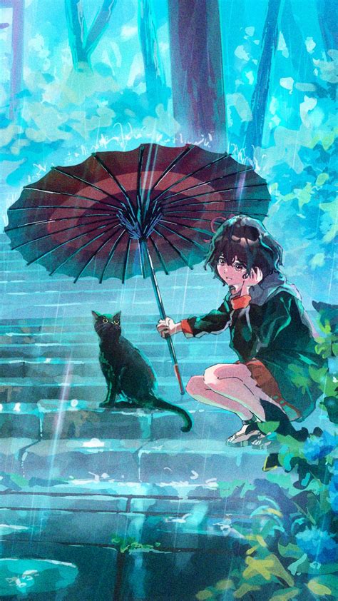 Download wallpaper 1080x1920 girl, cat, umbrella, rain, anime samsung ...