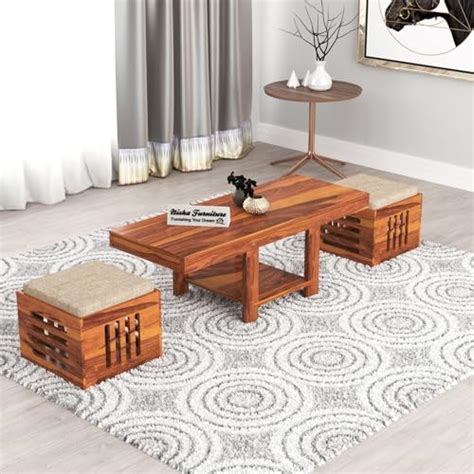 THANGLALA Sheesham Wood Coffee Table with 2 Stools Sofa Center Table ...