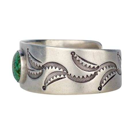 Navajo Stamped Silver Bracelet with Turquoise Cabochon, c.1920 ...