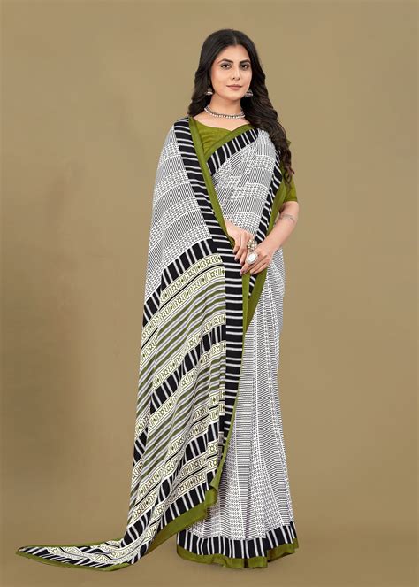Black & White Geometric Printed Crepe Saree with Solid Border – Nupur ...