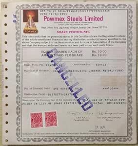 Mahaphilla India 1991 Powmex Steels Limited Share Certificate for Stamp ...
