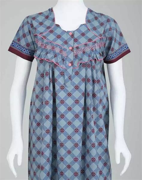 Light Blue Checkered Cotton Printed Women Nighty – South India Shopping ...