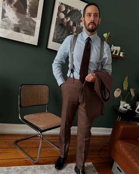Chocolate Brown Wool Trousers with Light Blue Shirt and Suspenders ...